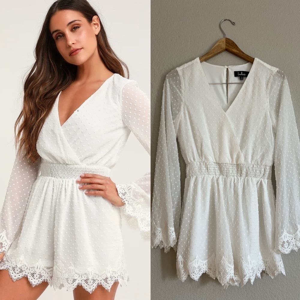 White Swiss Dot Lace Bell Sleeve Romper NWOT Small